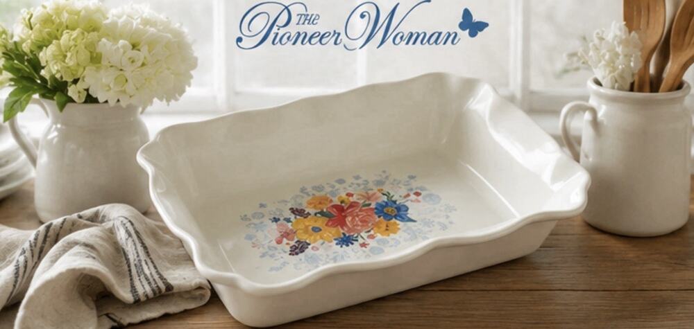 The Pioneer Woman Floral 9x13 Ceramic Rectangular Baking Dish White, DW/MC Safe